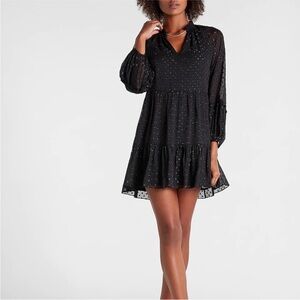 EXPRESS Black Tier Tierred Dress size XS Sparkle Long Sleeve Mini‎ Flowy Lined